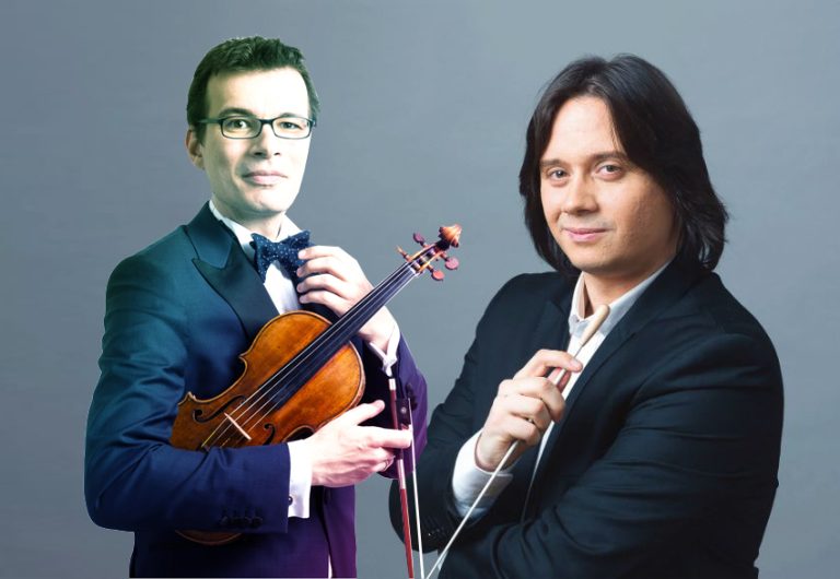 Dirijorul GABRIEL BEBEȘELEA și violonistul ALEXANDRU TOMESCU pe scena Sălii Radio