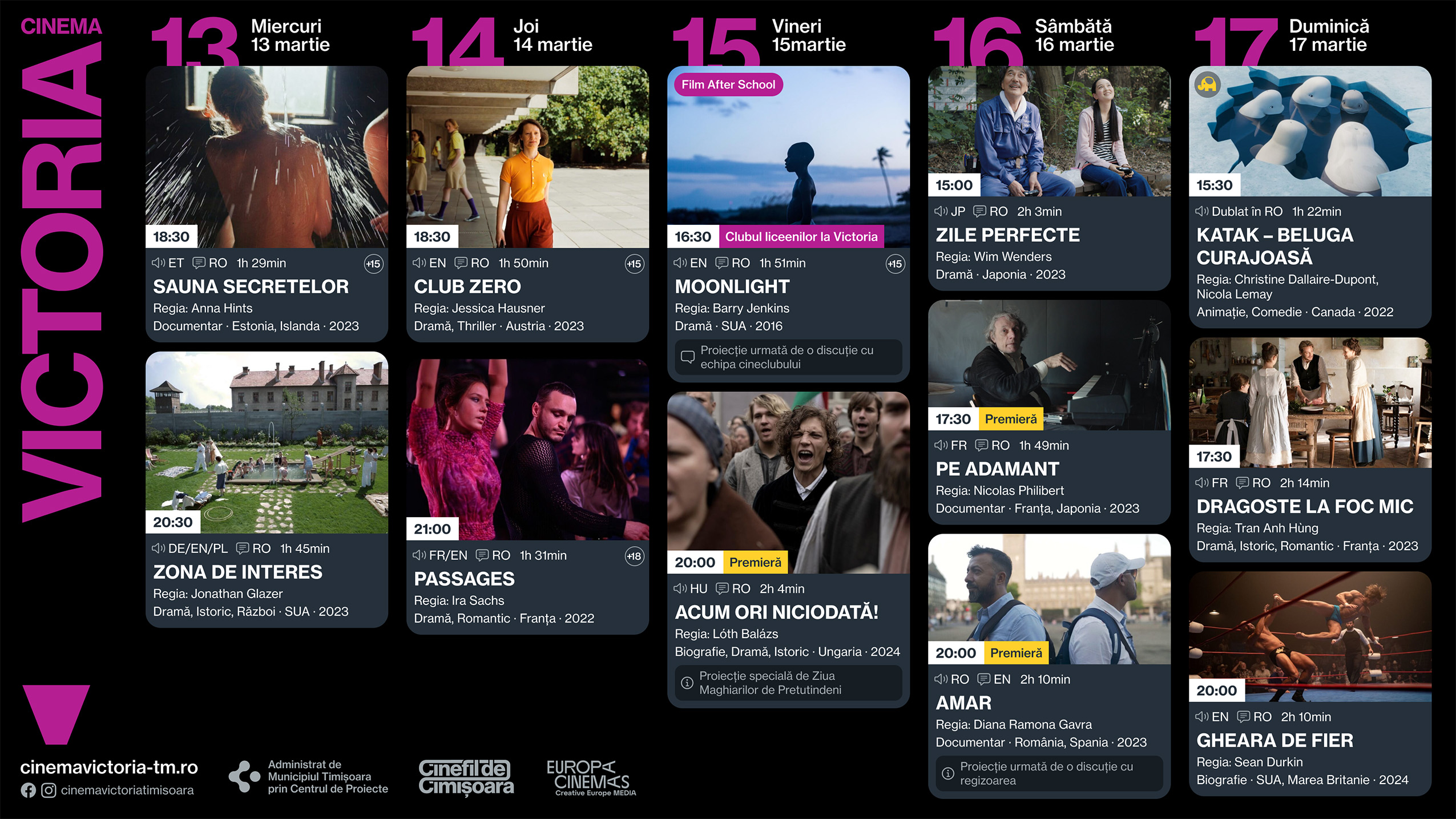 Programul săptăm&acirc;nii 13-17 martie, la cele două cinematografe de tradiție ale orașului, Victoria și Timiș.