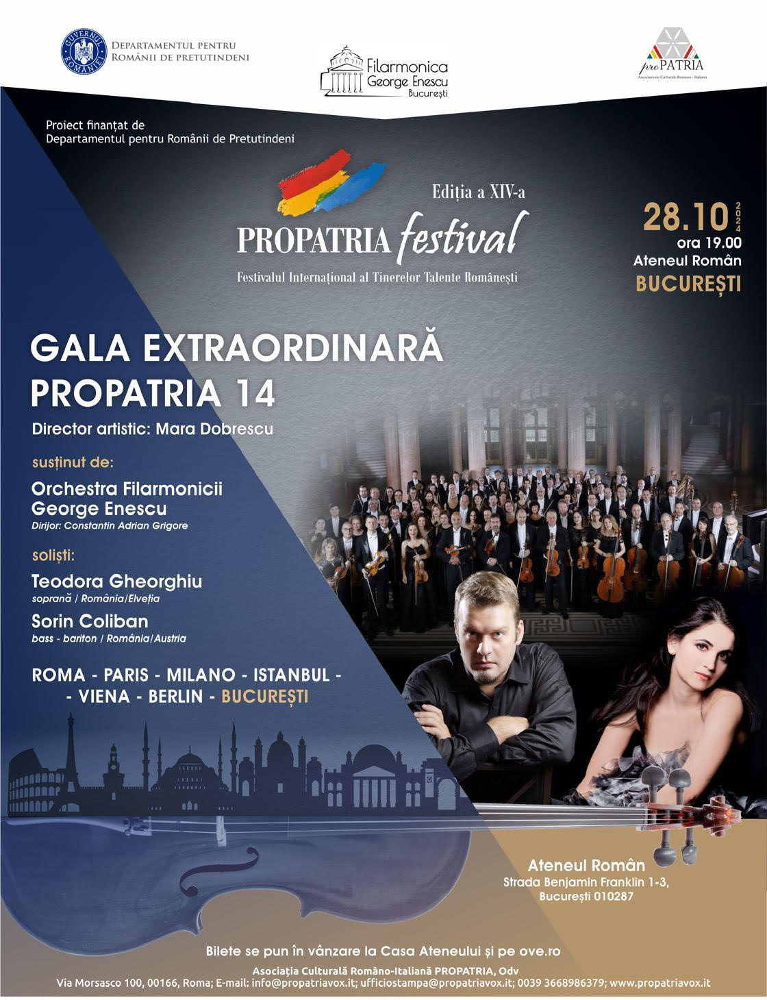Festivalul Internațional ProPatria - Tinere Talente Românești - 14 își încheie călătoria la Ateneul Român cu un concert de gală susținut de soprana Teodora Gheorghiu și bas-baritonul Sorin Coliban