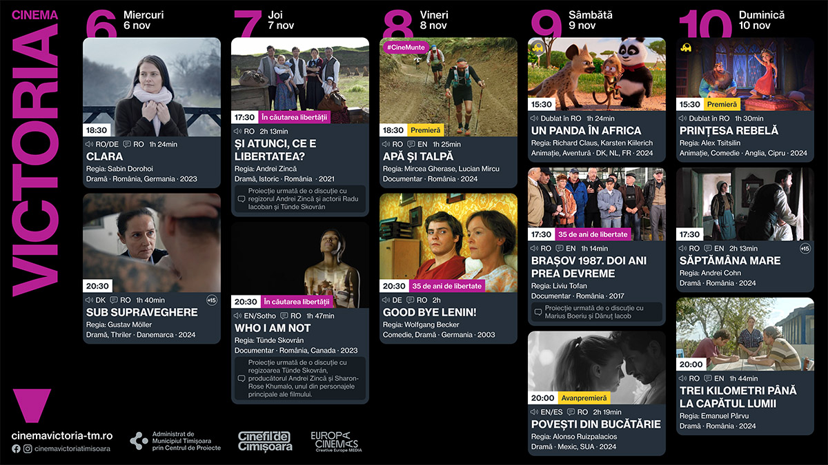 Programul săptăm&acirc;nii 6 - 10 noiembrie, la Cinema Victoria și Cinema Timiș