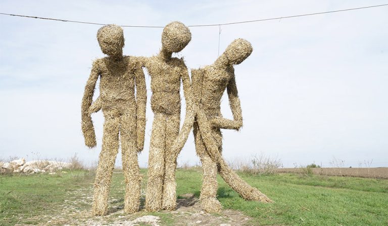 Omul de paie - alegătorul de 35 de ani de libertate, față-n față cu busturi de președinți și ciorile lor vopsite, în expoziția manifest social N.P.C. a sculptorului Lucian Țăran