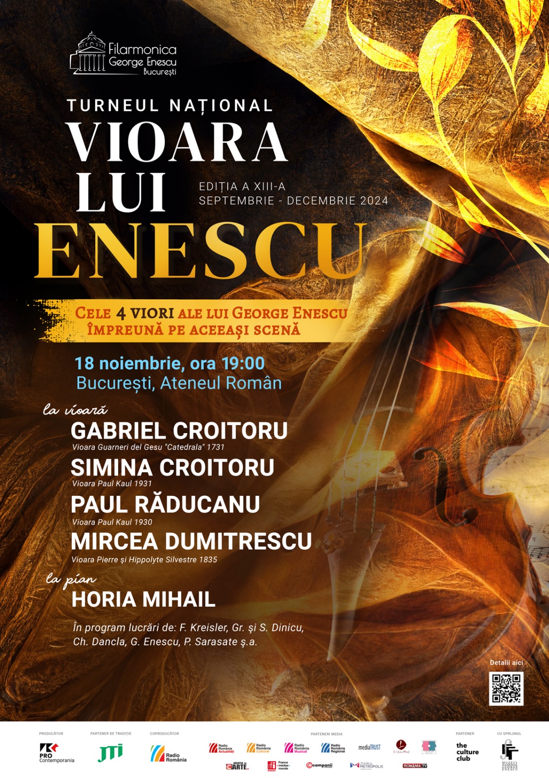 Turneul Național Vioara lui Enescu 2024, la Ateneul Rom&acirc;n din București, pe 18 noiembrie