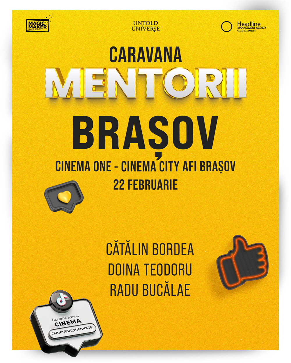 Cătălin Bordea, Doina Teodoru și Radu Bucălae aduc comedia MENTORII, &icirc;n avanpremieră la Brașov, pe 22 februarie