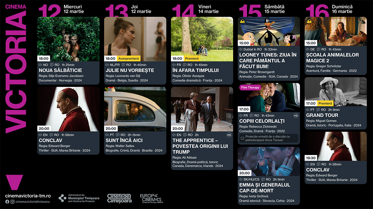 Programul săptămânii 12 - 16 martie, la Cinema Victoria, Cinema Timiș și Cinema Studio