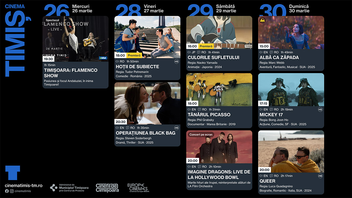 Programul săptămânii 26 - 30 martie la Cinema Victoria, Cinema Timiș și Cinema Studio