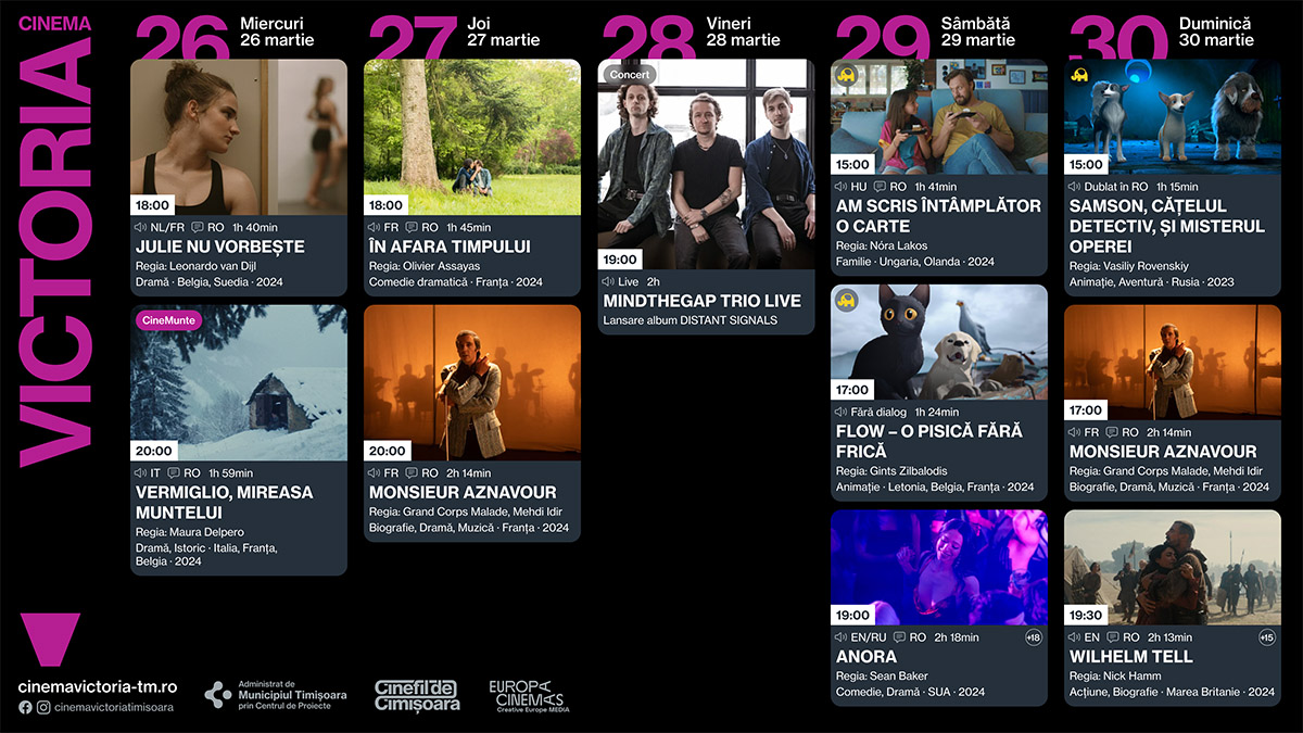 Programul săptămânii 26 - 30 martie la Cinema Victoria, Cinema Timiș și Cinema Studio