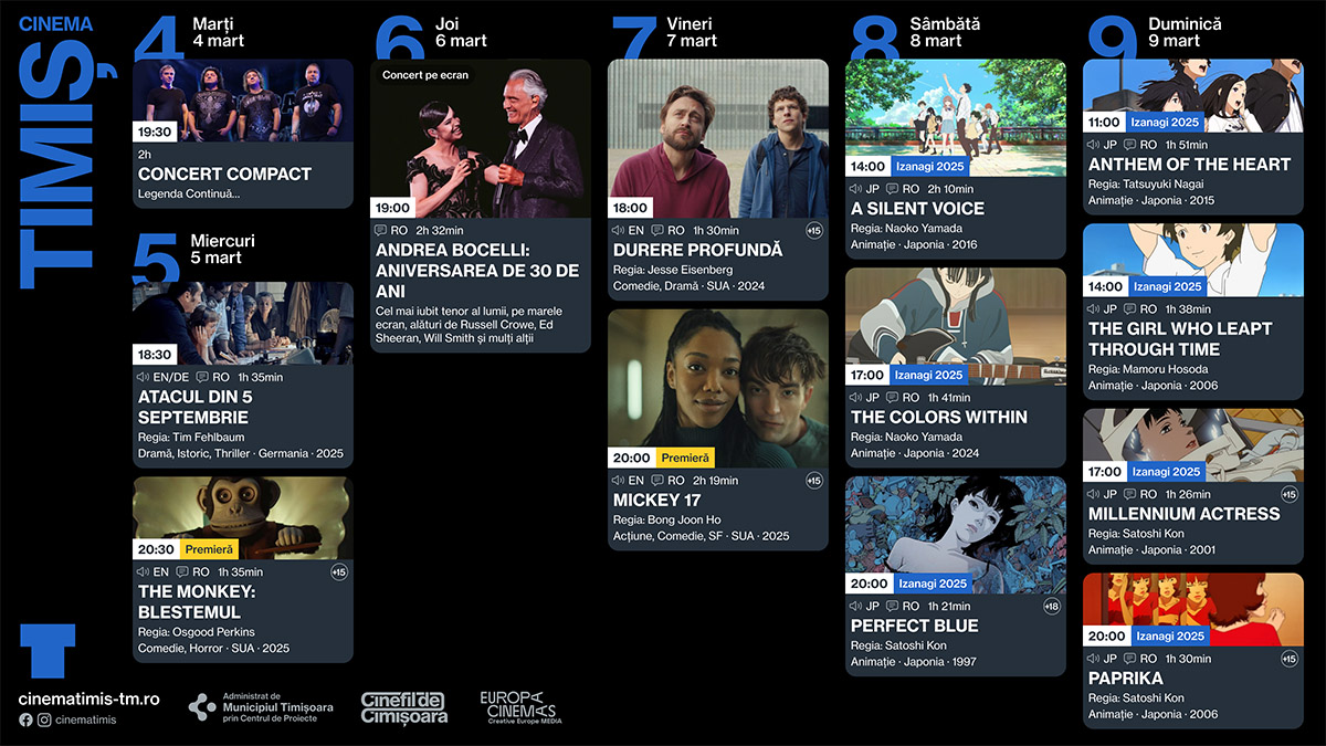Programul săptămânii 4 - 9 martie la Cinema Timiș, Cinema Victoria și Cinema Studio