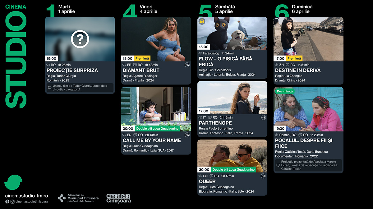 Programul săptămânii 1 - 6 aprilie la Cinema Victoria, Cinema Timiș și Cinema Studio