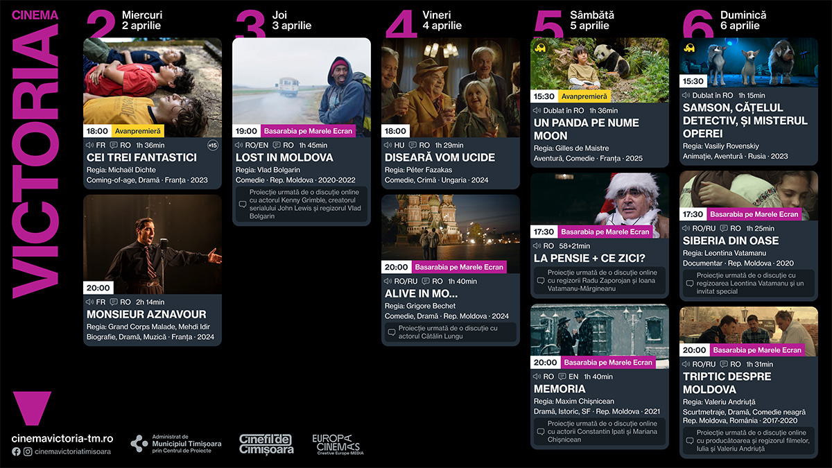 Programul săptămânii 1 - 6 aprilie la Cinema Victoria, Cinema Timiș și Cinema Studio