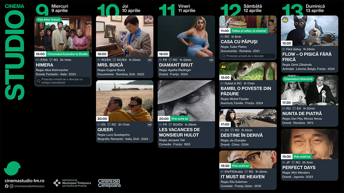 Programul săptăm&acirc;nii 8 - 13 aprilie, la Cinema Timiș, Cinema Victoria și Cinema Studio