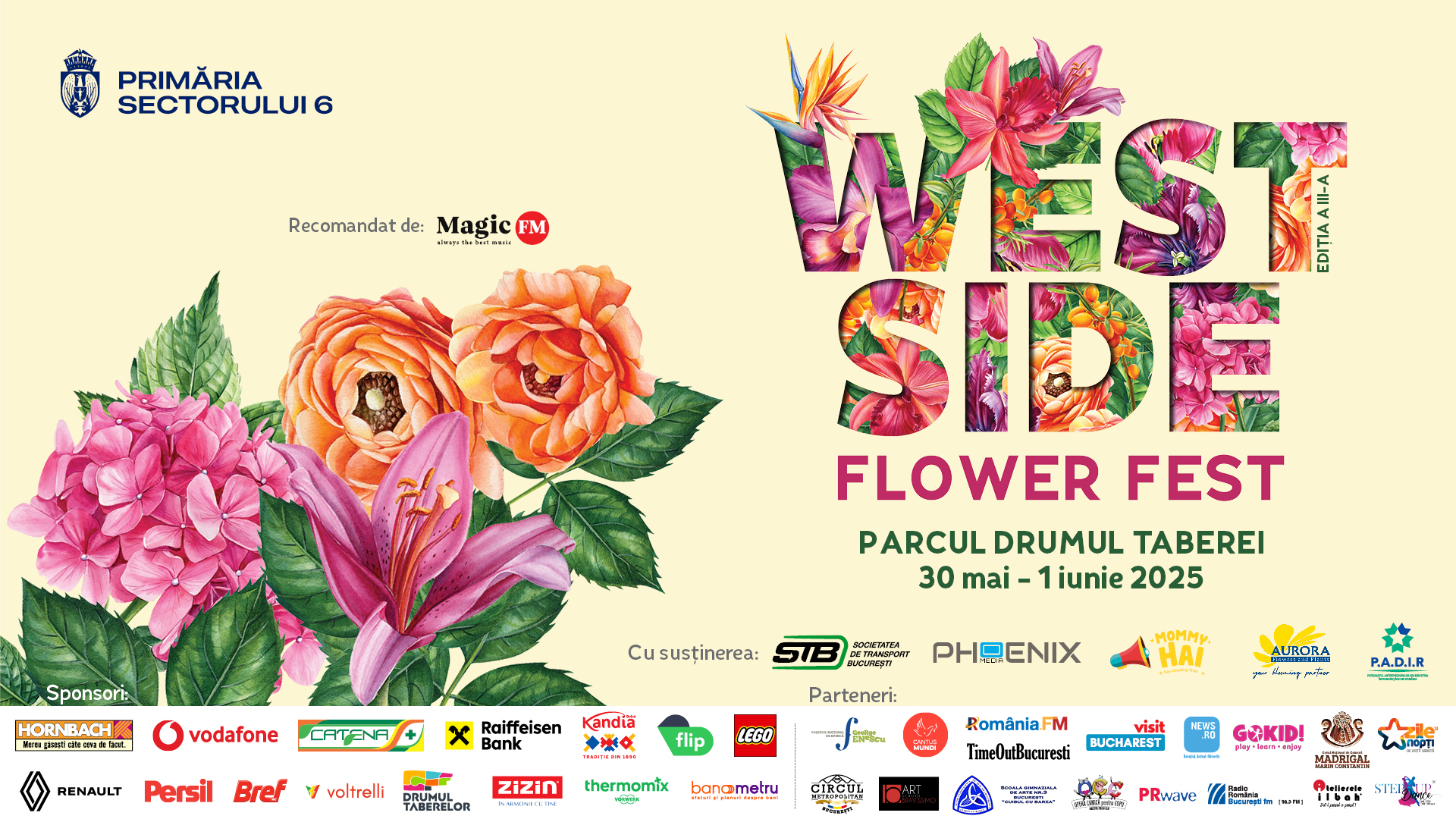 Marile atracții de la West Side Flower Fest: 15 grădini inspirate din cărți, decorațiuni de până la cinci metri înălțime, proiecții pe apă și peste 100.000 de flori, în Parcul Drumul Taberei