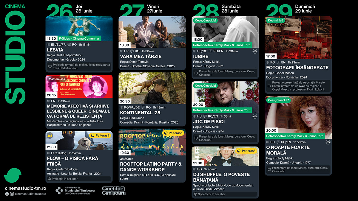 Programul săptăm&acirc;nii 25 - 29 iunie la Cinema Timiș, Cinema Studio și Cinema Victoria