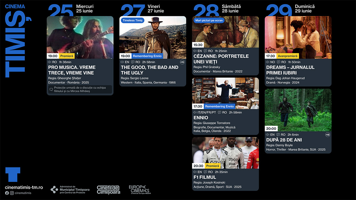 Programul săptăm&acirc;nii 25 - 29 iunie la Cinema Timiș, Cinema Studio și Cinema Victoria