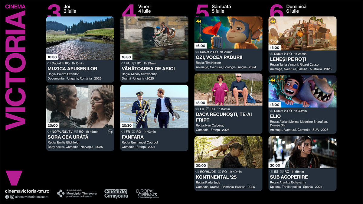 Programul săptăm&acirc;nii 2 - 6 iulie la Cinema Studio, Cinema Victoria și Cinema Timiș