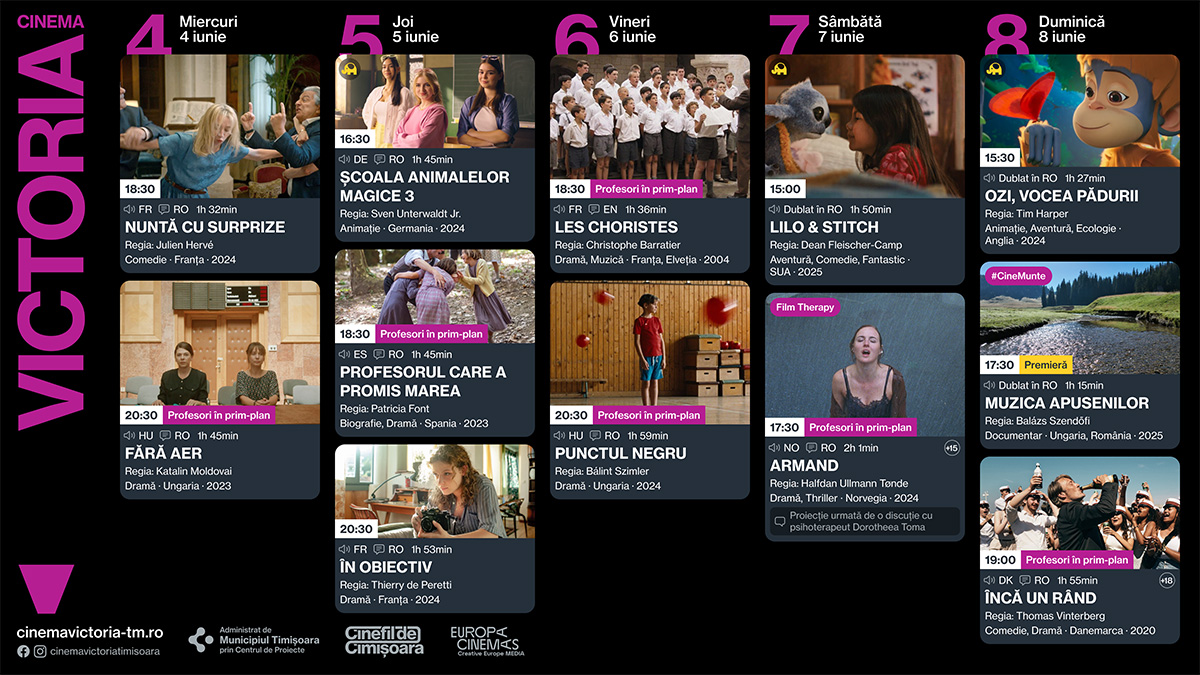 Programul săptămânii 4 - 8 iunie, la Cinema Studio, Cinema Victoria și Cinema Timiș