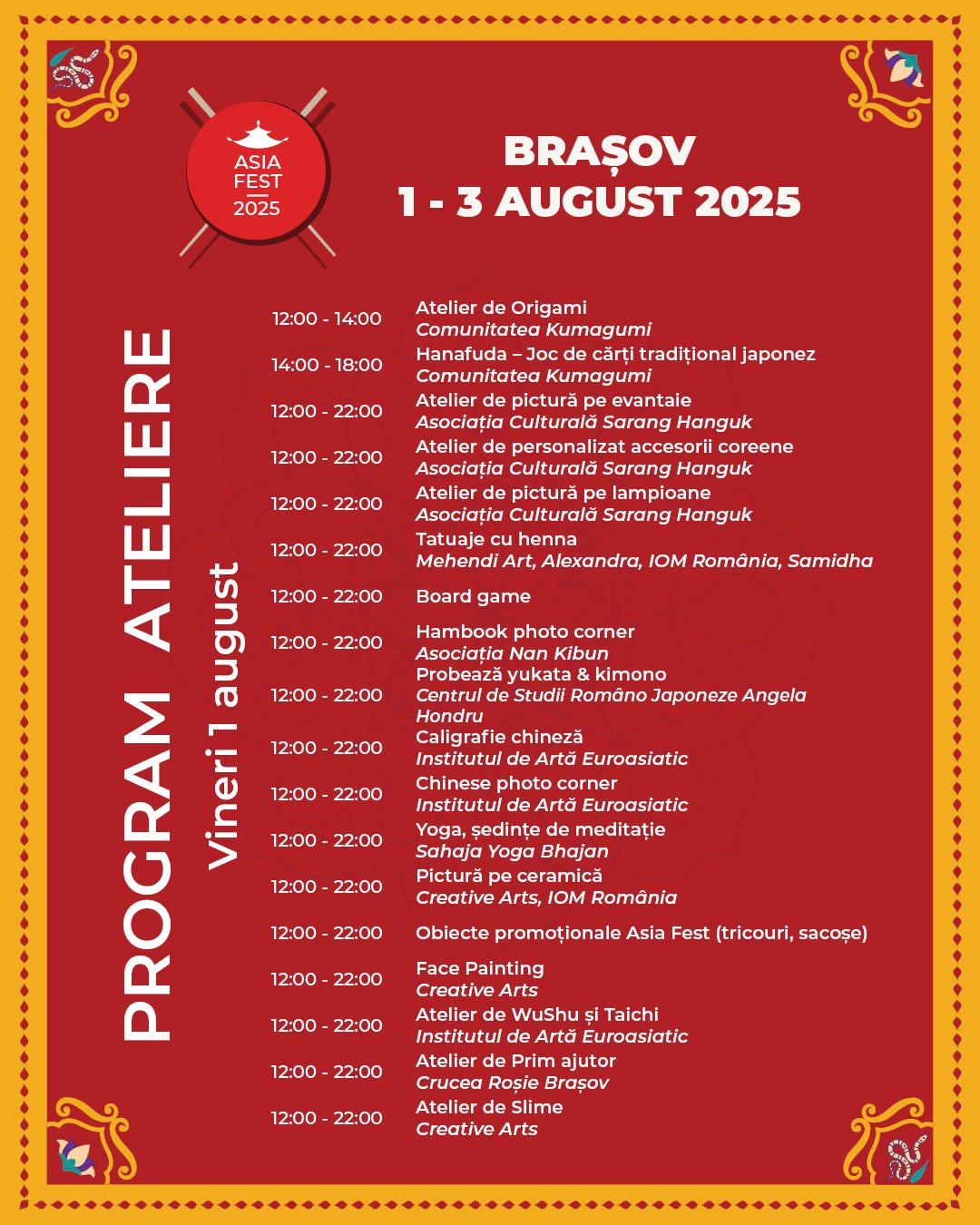 Program Asia Fest Brașov 1-3 august