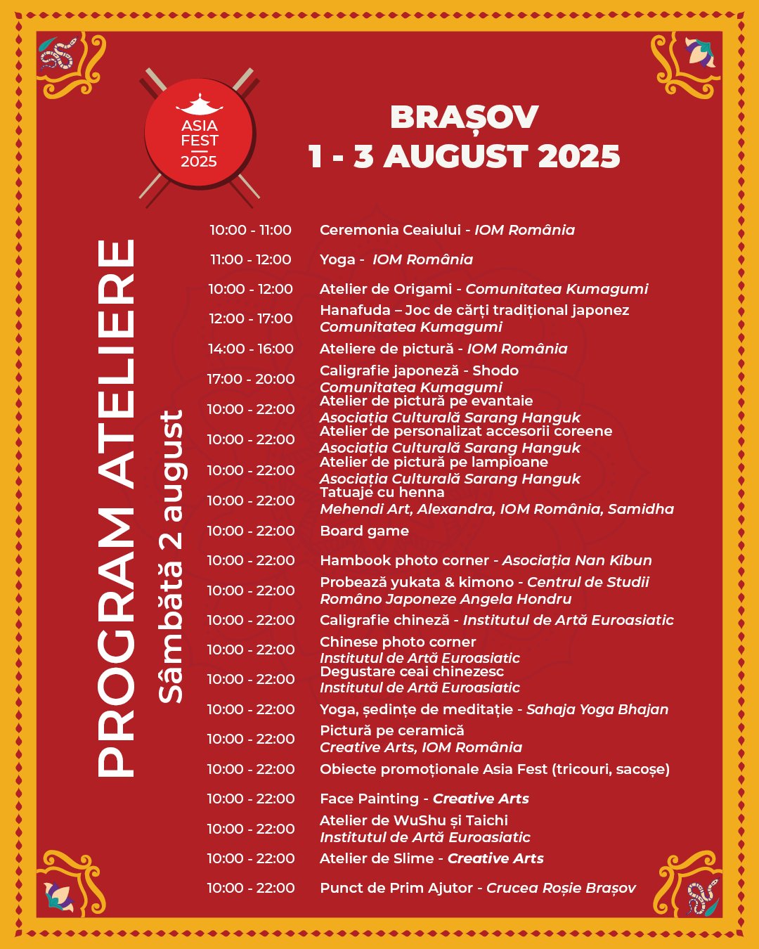 Program Asia Fest Brașov 1-3 august