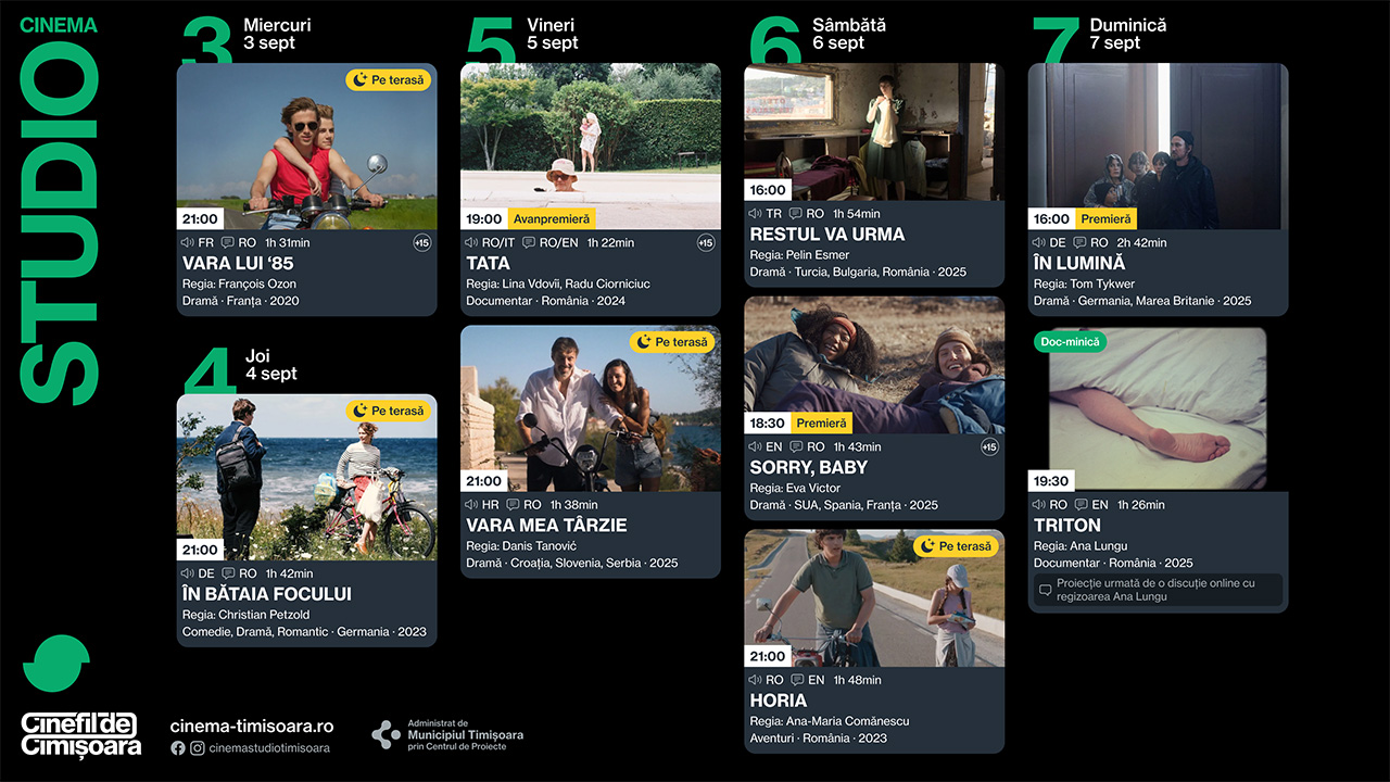 Programul săptăm&acirc;nii 3 - 7 septembrie, la Cinema Studio, Cinema Victoria și Cinema Timiș