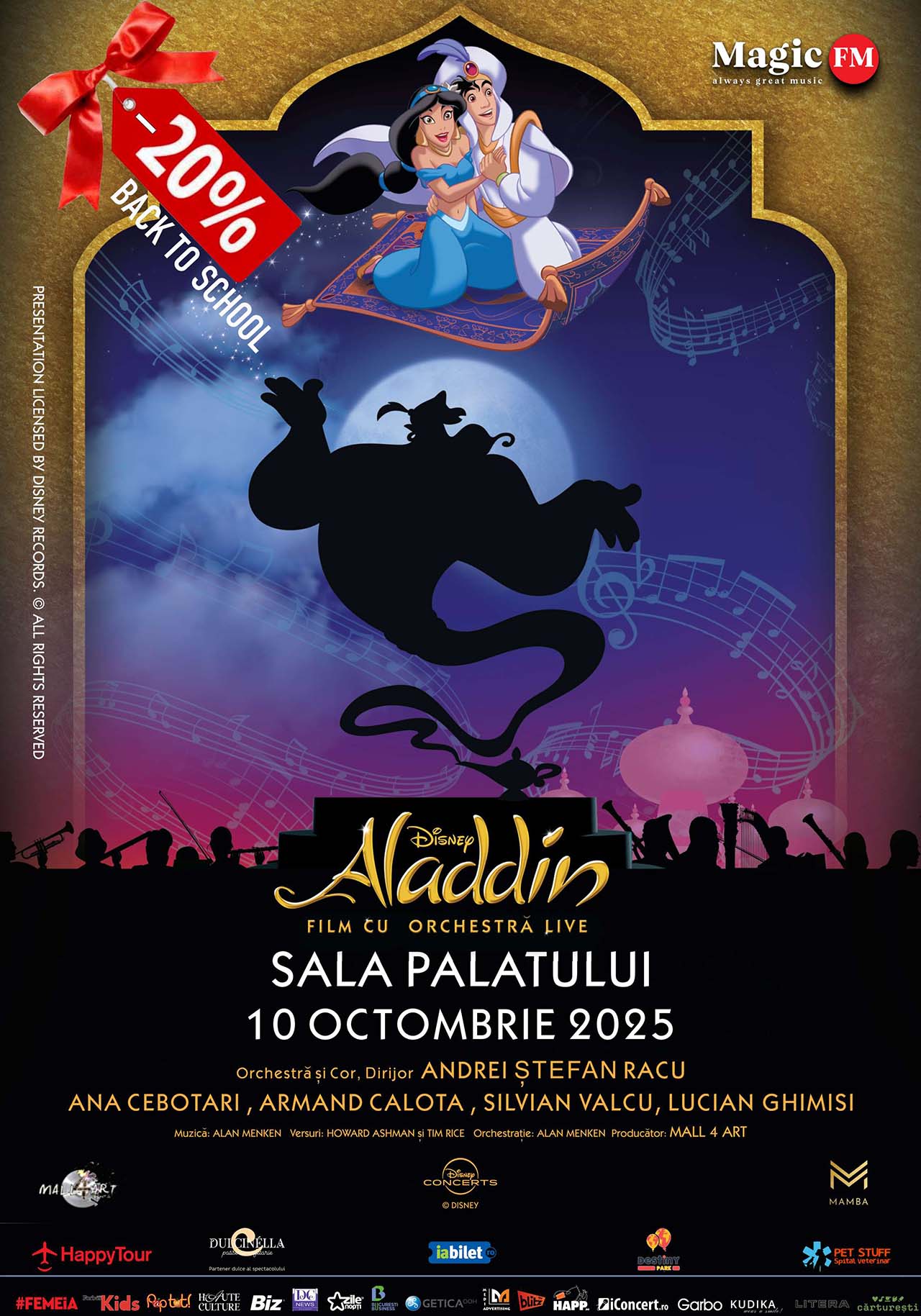 Pe 10 octombrie, Disney aduce magia lui „Aladdin” la Sala Palatului: film, orchestră live, și artiști români în rolurile personajelor de poveste