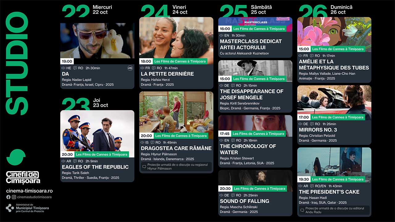 Les Films de Cannes &agrave; Timișoara și filmele rom&acirc;nești ale toamnei &ndash; săptăm&acirc;na 22-26 octombrie la Cinema Victoria, Studio și Timiș
