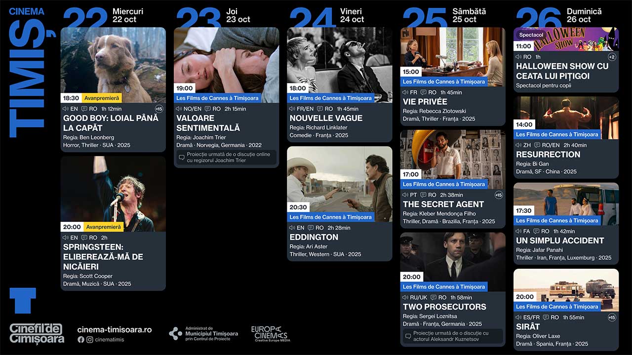Les Films de Cannes &agrave; Timișoara și filmele rom&acirc;nești ale toamnei &ndash; săptăm&acirc;na 22-26 octombrie la Cinema Victoria, Studio și Timiș