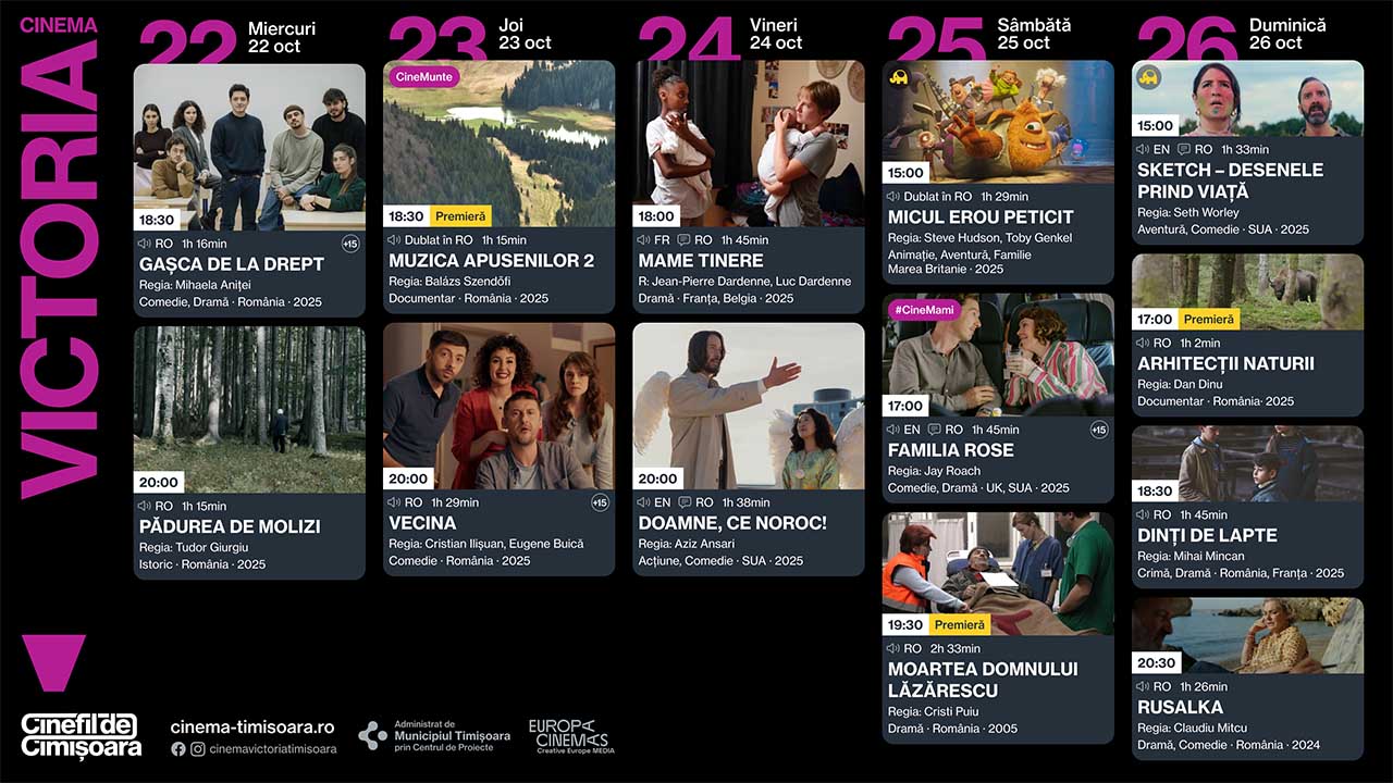 Les Films de Cannes &agrave; Timișoara și filmele rom&acirc;nești ale toamnei &ndash; săptăm&acirc;na 22-26 octombrie la Cinema Victoria, Studio și Timiș