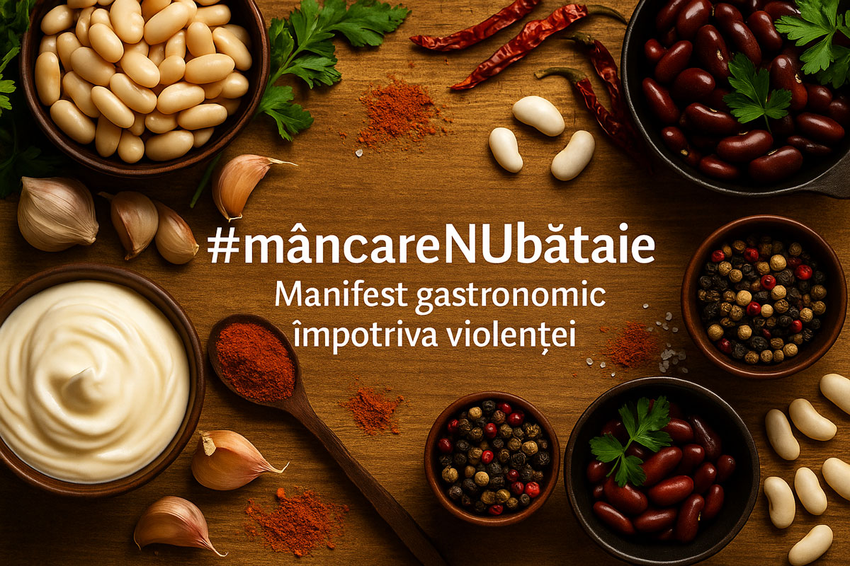 Ilustrație realizată cu AI – compoziție culinară simbolică pentru campania #mâncareNUbătaie manifest-gastronomic-mancarenubataie-ChatGPT-Image