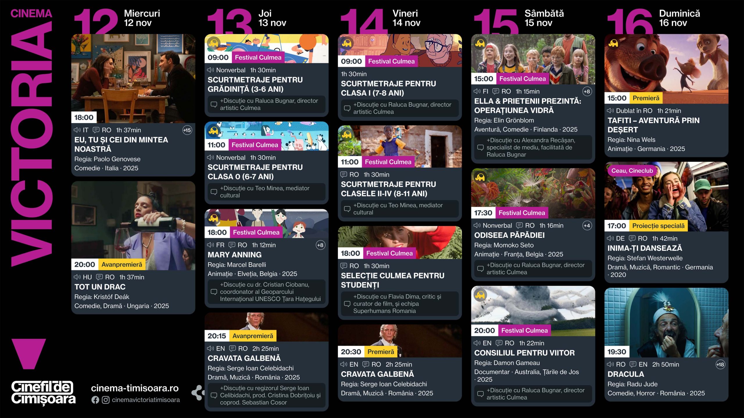 Programul săptămânii 12 – 16 noiembrie la Cinema Victoria, Cinema Timiș și Cinema Studio