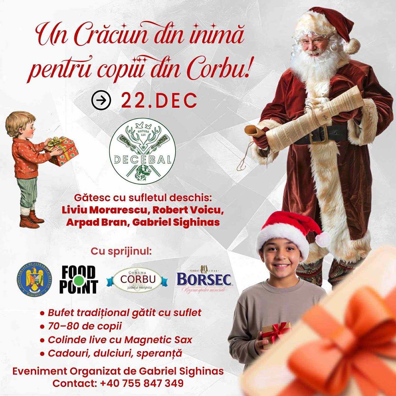 &bdquo;Crăciun din inimă&rdquo; pentru copiii din Corbu: Chef Gabriel Sighinaș dăruiește bucurie, căldură și speranță pe 22 decembrie