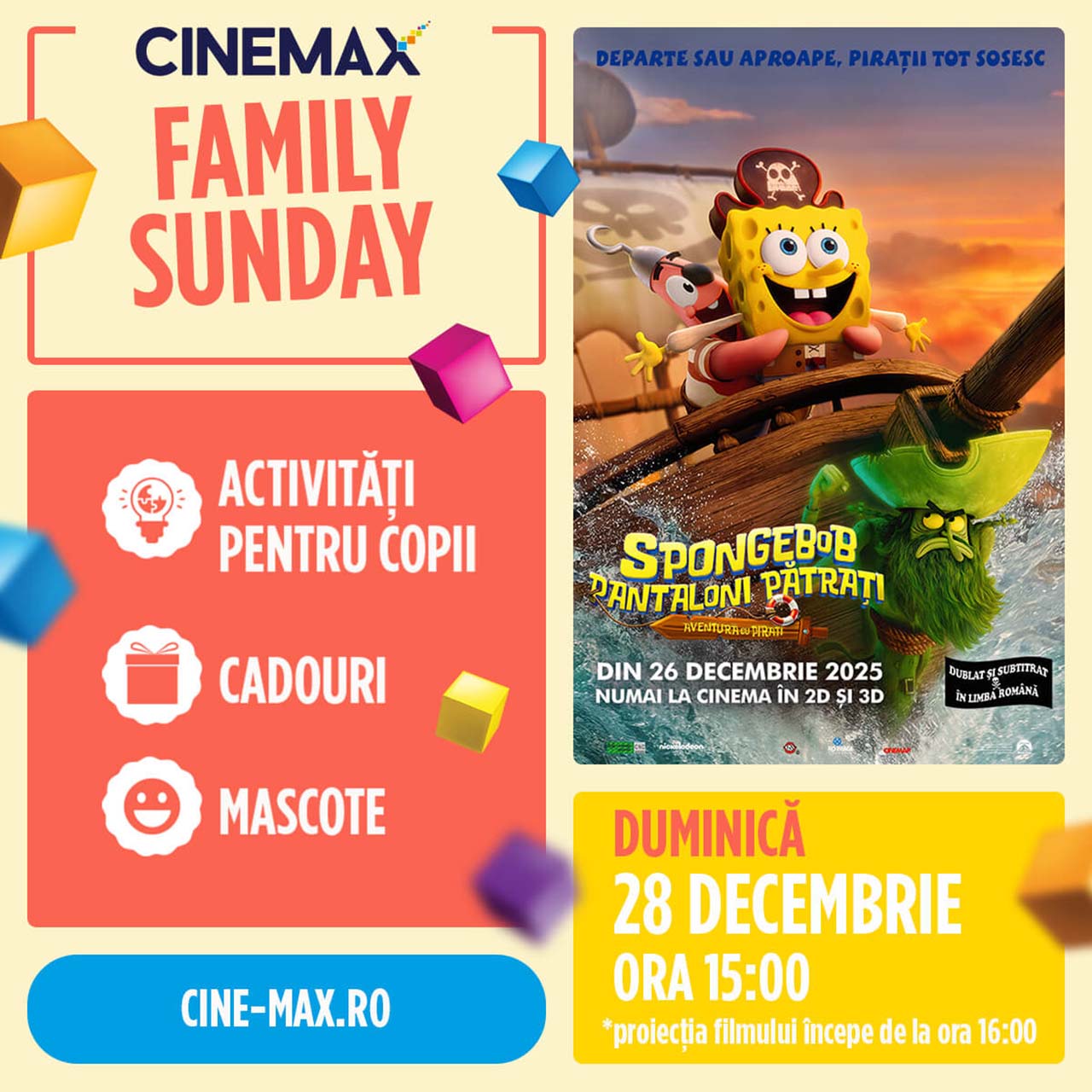 Family Sunday &ndash; SpongeBob Pantaloni Pătrați: Aventură cu pirați la Cinemax Veranda