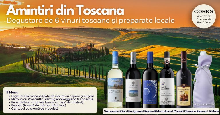 Amintiri din Toscana | Degustare de 6 vinuri toscane și preparate locale @ Corks Cozy Bar