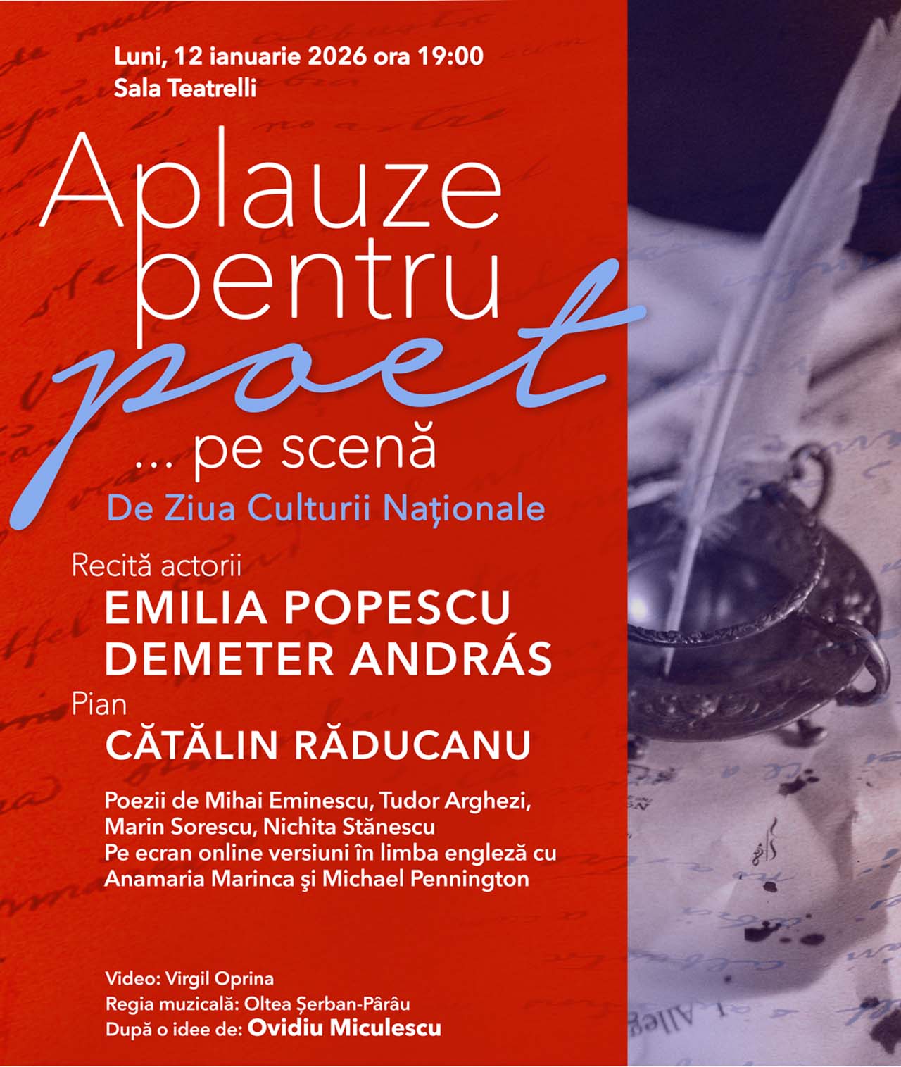 Aplauze pentru poet... pe scenă de Ziua Culturii Naționale, la Teatrelli
