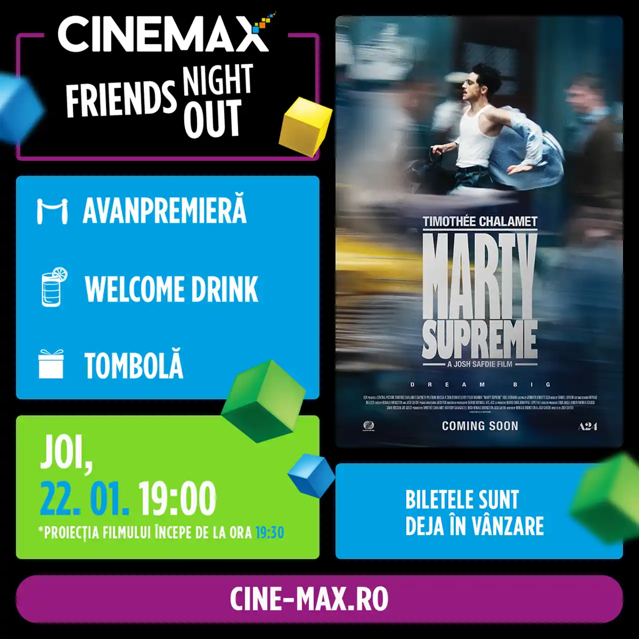 Posterul campaniei Friends Night Out – Marty Suprem la Cinemax Veranda Posterul campaniei Friends Night Out – Marty Suprem la Cinemax Veranda
