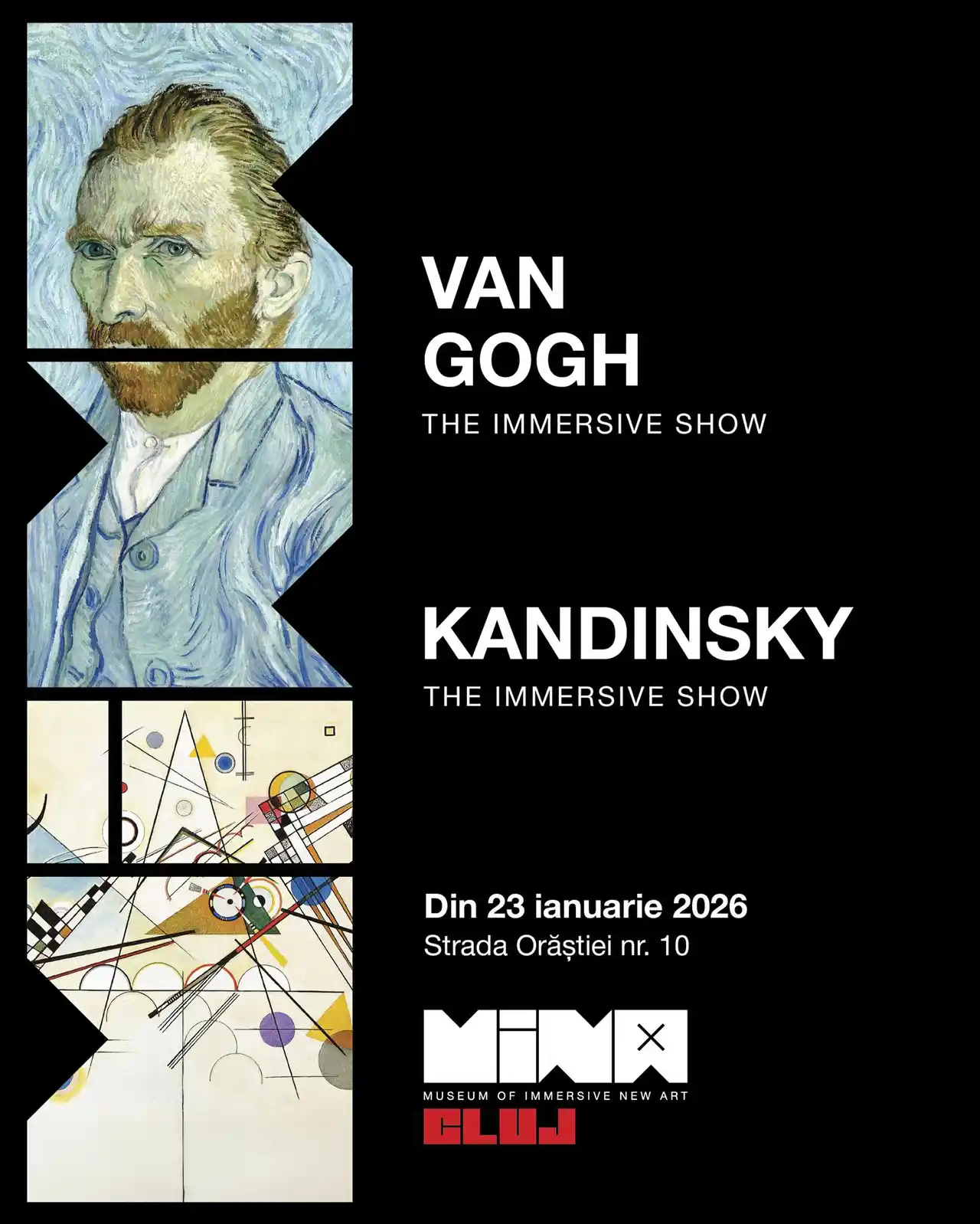 Afiș show imersiv Van Gogh și Kandinsky, noi spectacole imersive la Mina Cluj din 23 ianuarie