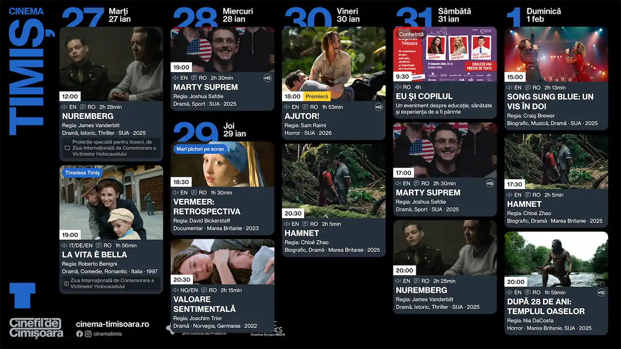 Program Cinema Timiș Programul săptămânii 27 ianuarie – 1 februarie la Cinema Victoria, Cinema Timiș, Cinema Studio și Cinema Johnny