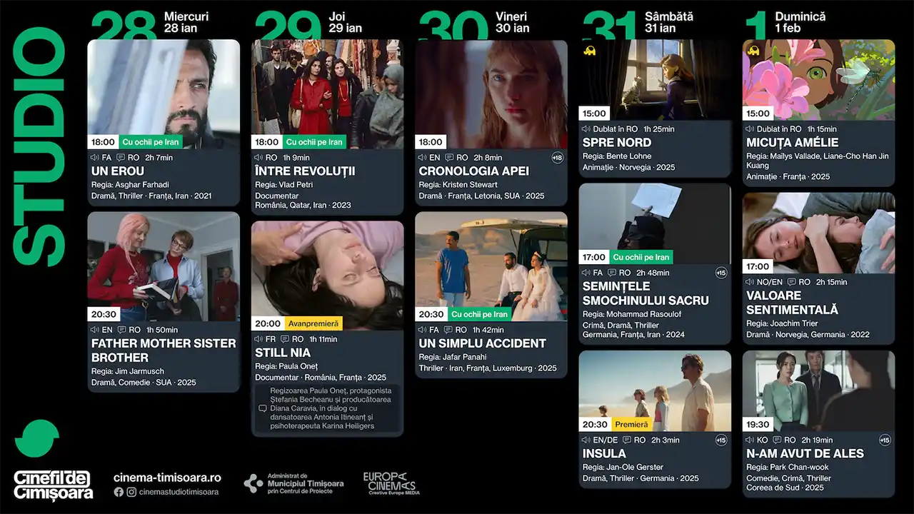 Program Cinema Studio Programul săptămânii 27 ianuarie – 1 februarie la Cinema Victoria, Cinema Timiș, Cinema Studio și Cinema Johnny