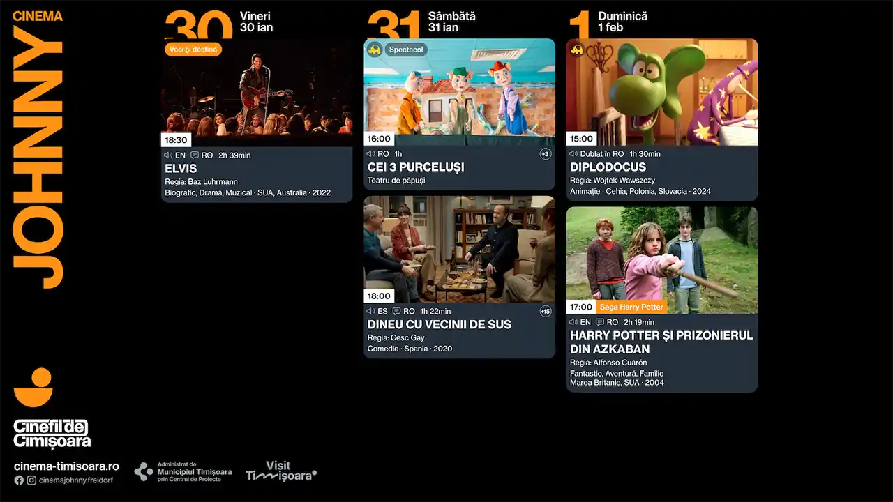 Program Cinema Johhny Programul săptămânii 27 ianuarie – 1 februarie la Cinema Victoria, Cinema Timiș, Cinema Studio și Cinema Johnny