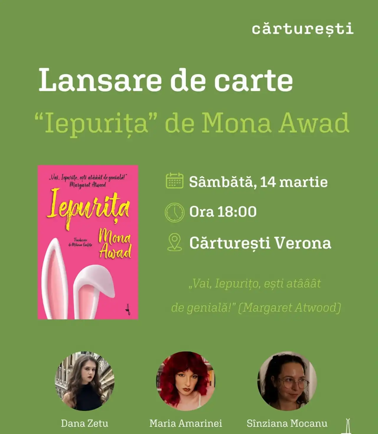 &bdquo;Iepurița&rdquo; de Mona Awad, fenomen literar internațional, a ajuns &icirc;n librării! Eveniment special de lansare la Cărturești Verona &ndash; 14 martie.