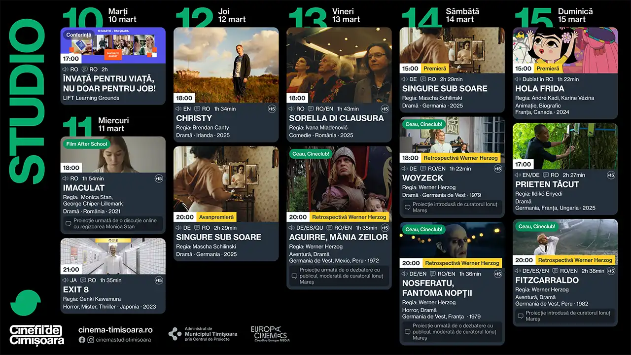 Programul săptăm&acirc;nii 11 &ndash; 15 martie la Cinema Victoria, Cinema Timiș, Cinema Studio și Cinema Johnny