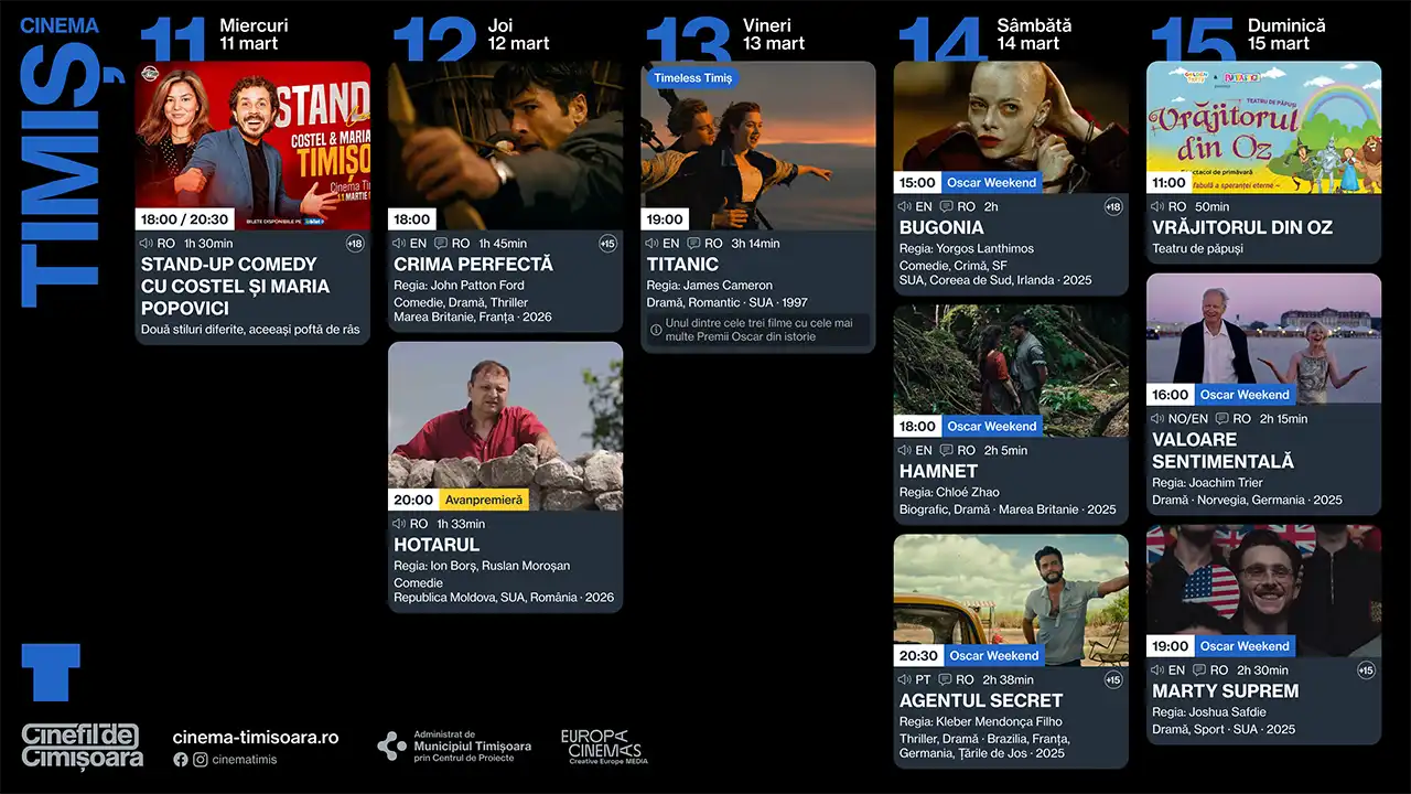 Programul săptăm&acirc;nii 11 &ndash; 15 martie la Cinema Victoria, Cinema Timiș, Cinema Studio și Cinema Johnny