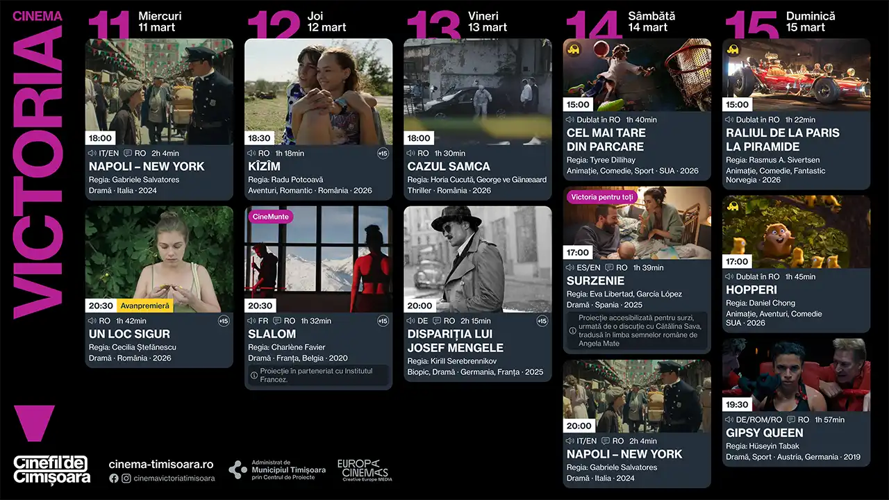 Programul săptăm&acirc;nii 11 &ndash; 15 martie la Cinema Victoria, Cinema Timiș, Cinema Studio și Cinema Johnny