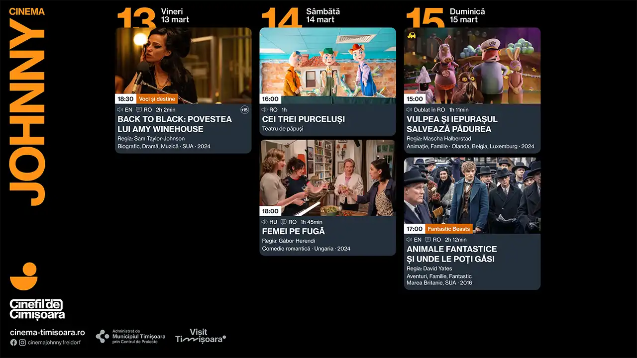 Programul săptăm&acirc;nii 11 &ndash; 15 martie la Cinema Victoria, Cinema Timiș, Cinema Studio și Cinema Johnny
