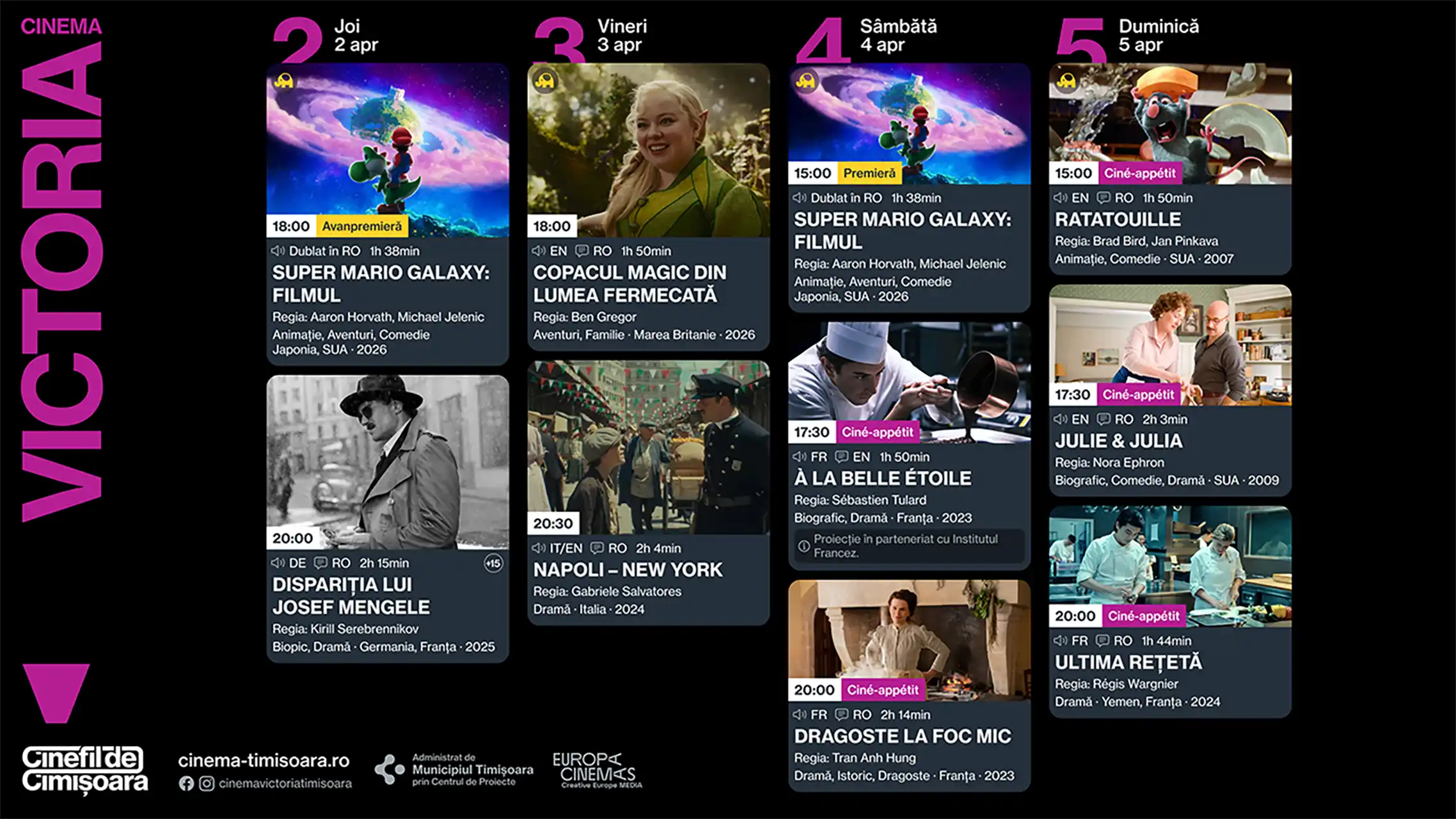 Program cinema: ce vezi în perioada 2–5 aprilie la Cinema Victoria, Timiș, Studio și Johnny