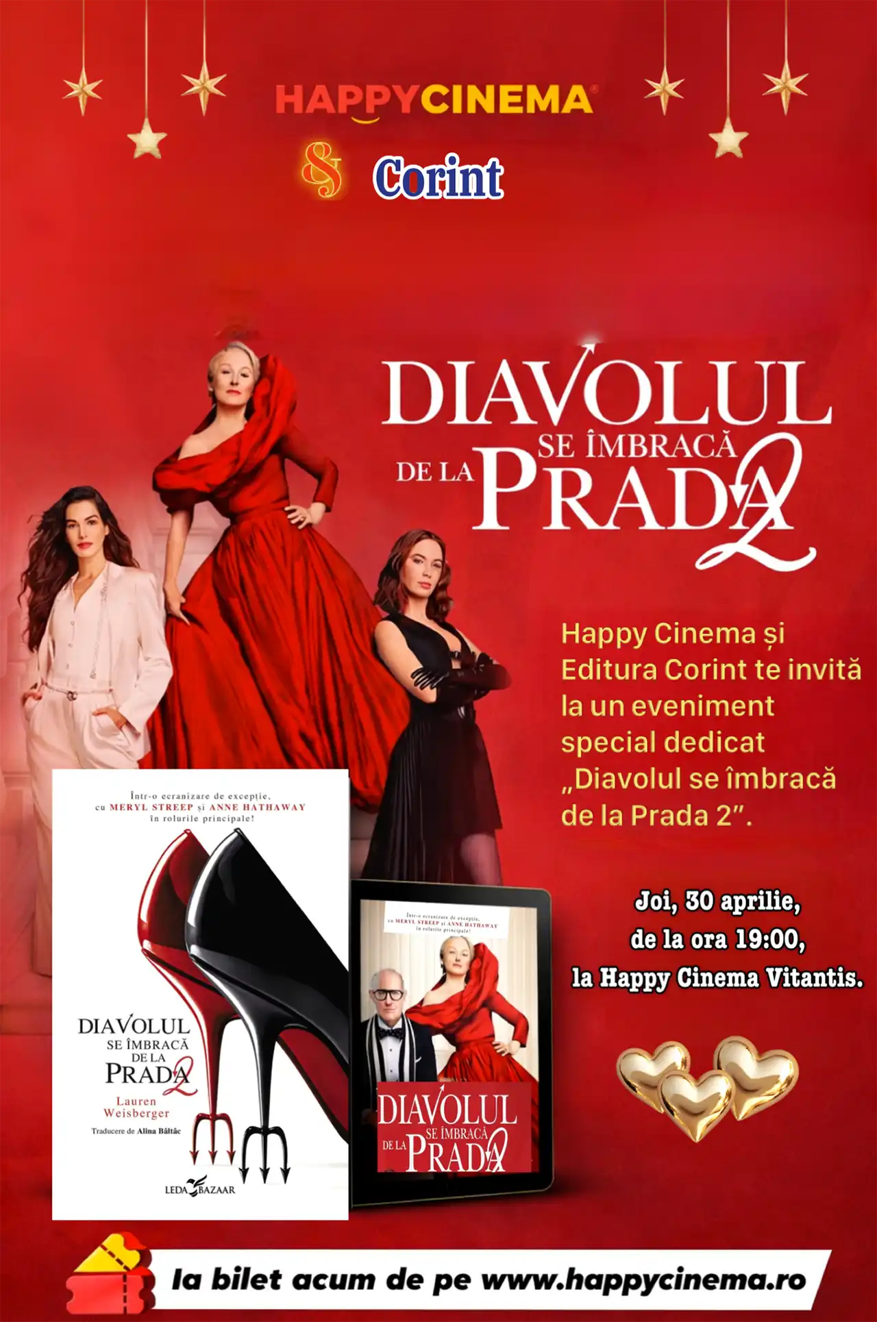 O poveste, două experiențe: Happy Cinema și Editura Corint te invită la un eveniment special dedicat &bdquo;Diavolul se &icirc;mbracă de la Prada 2&rdquo;.