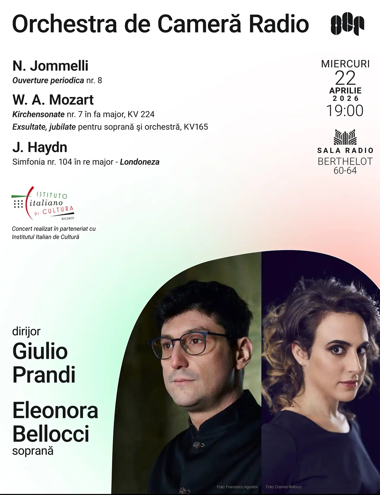 Doi invitați speciali din Italia pe scena Sălii Radio: dirijorul Giulio Prandi și soprana Eleonora Bellocci