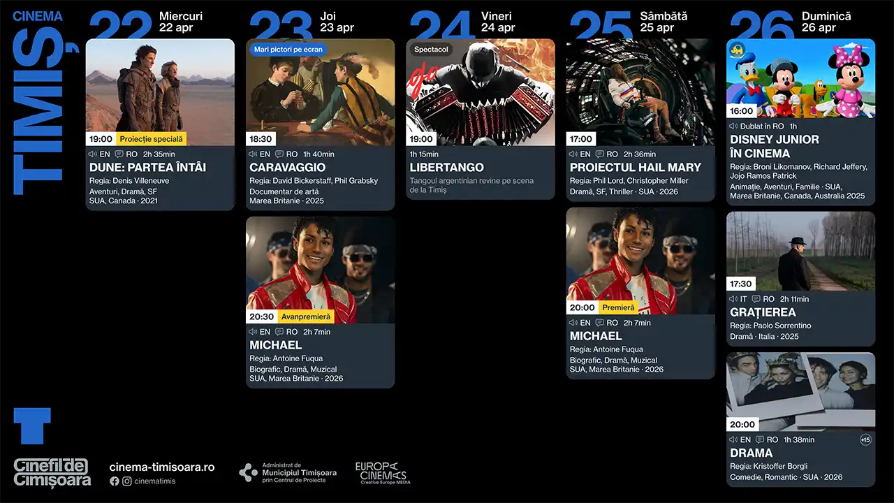 Program cinema Timișoara 22&ndash;26 aprilie: premiere, avanpremiere și evenimente speciale la Cinema Victoria, Timiș, Studio și Johnny