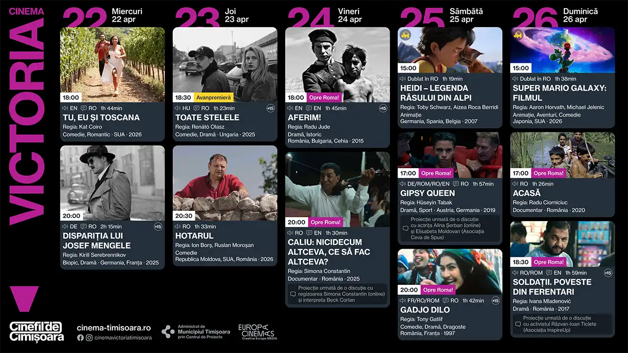 Program cinema Timișoara 22&ndash;26 aprilie: premiere, avanpremiere și evenimente speciale la Cinema Victoria, Timiș, Studio și Johnny