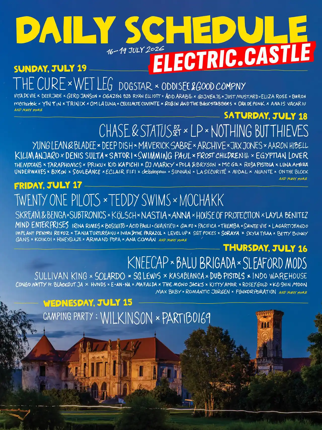 Afis cu toate formatiile care vin la Electric Castle, pe zile