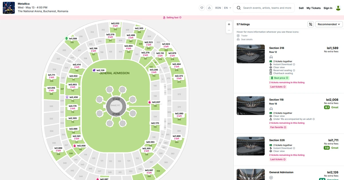 bilete Metallica București 2026 prețuri rev&acirc;nzare Viagogo suprapreț speculanți