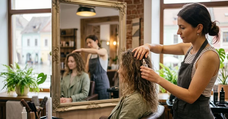 Stilista care ingrijeste parul unei cliente intr-un salon profesional din Brasov, primavara 2026